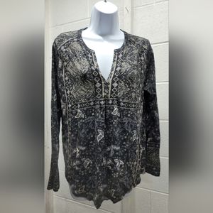 Lucky Brand 3/4 Sleeve Black Geometric Floral Shirt